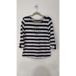 Palm Grove Navy White Striped Anchor Rhinestone 3/4 Sleeve Top Size M